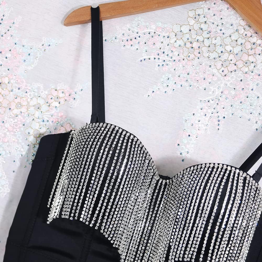 Naimo Damen Sexy Strass Quaste Bustier Push Up Crop Top Korsett BH Glitzer Diamant Tank Top Weste Pa