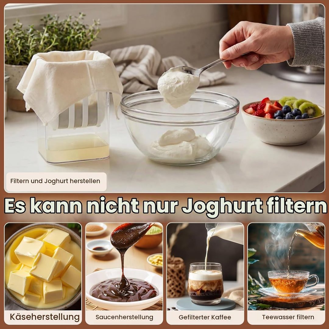 Joghurt Sieb Set 1100ML Griechischer Joghurt Käsesieb mit Edelstahl Feine Filtersiebe &amp; Zeitanzeige