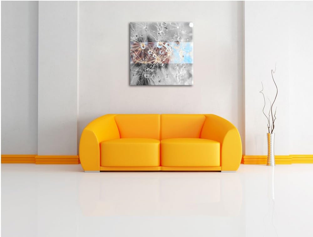 Pixxprint Tropfen an Pusteblume abstrakt schwarz/weiss, Format: 70x70 auf Leinwand, 70x70