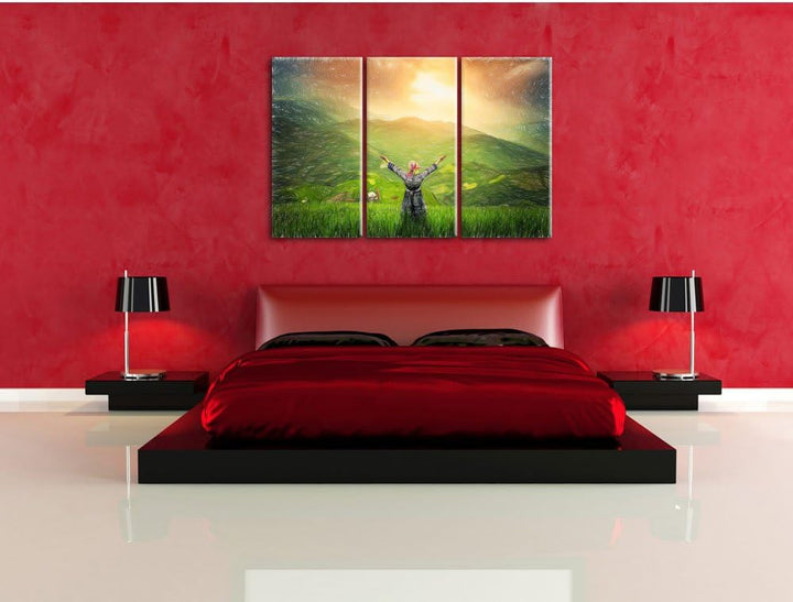 Pixxprint eine Berg Farm in Asien im Sonnenschein Kunst Buntstift Effekt 3-Teiler Leinwandbild 120x8