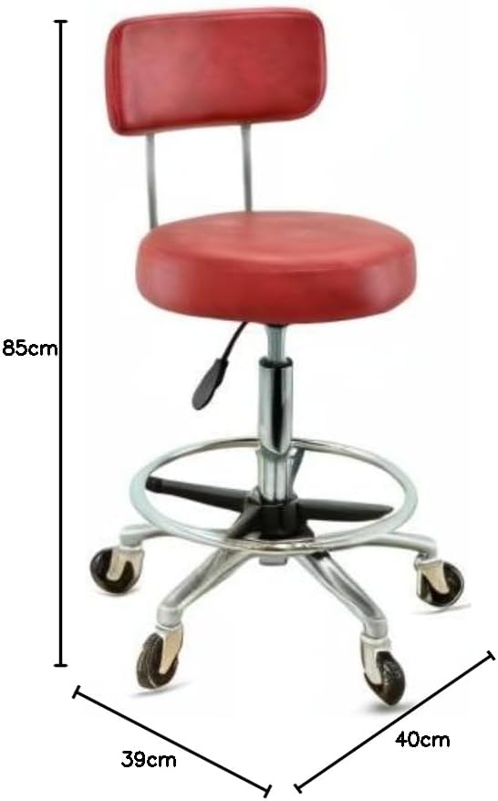 VAKON SALON - Premium Rollhocker in Rot mit Lehne und Fussring - Höhenverstellbar 55-75 cm - Rundsit