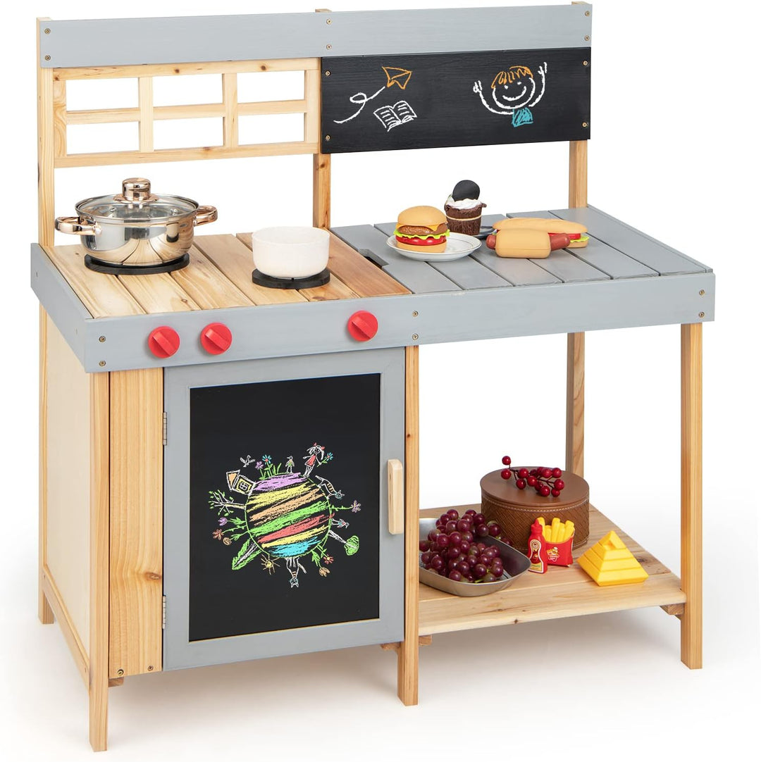 GOPLUS Kinderküche aus Massivholz, Stabile Matschküche mit Wasserbecken & Kreidetafel, Küche Spielse