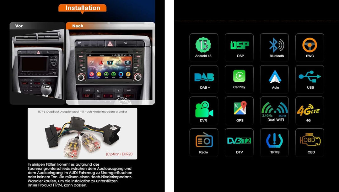 Erisin 7 Zoll 8-Kern 4GB+64GB Android 12 Autoradio Bluetooth mit GPS Navigation Für Audi A4 S4 RS4 R