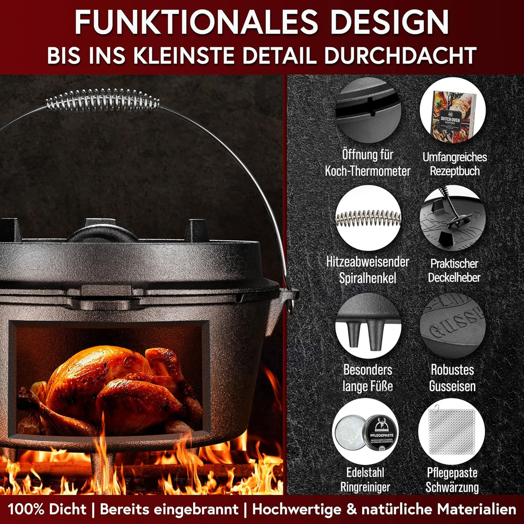 GUSSKÖNIG Dutch Oven Set [4.5L] - Eingebrannter Feuertopf mit praktischem Deckelheber und Füssen Top