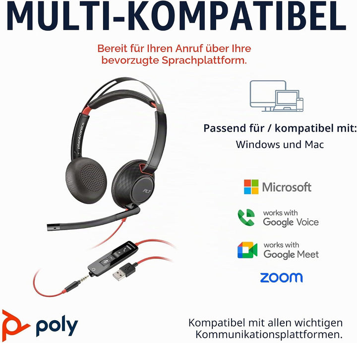 Plantronics Poly Blackwire 5220 Stereo-USB-C-Headset + 3,5-mm-Stecker + USB-C/A-Adapter