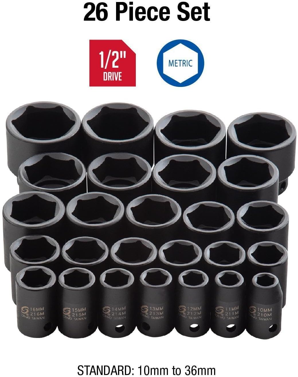 Sunex SUN2645 26PC 0,5 Zoll-Laufwerk Metric Steckschl-ssel Set Steckschlüsselsatz, Steckschlüsselsat