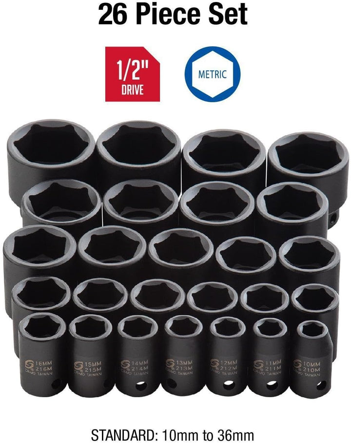 Sunex SUN2645 26PC 0,5 Zoll-Laufwerk Metric Steckschl-ssel Set Steckschlüsselsatz, Steckschlüsselsat