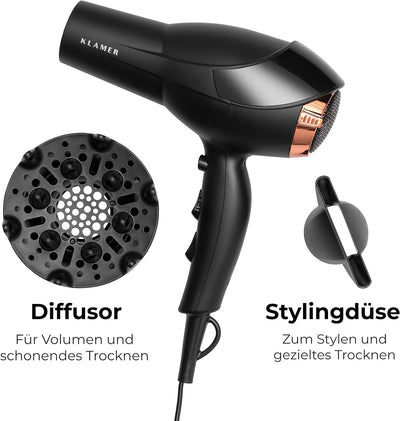 KLAMER Haartrockner 2200W, Ionen Haartrockner, Universal Anti Frizz Haar-föhn, 3 Heiz- & 2 Gebläsest