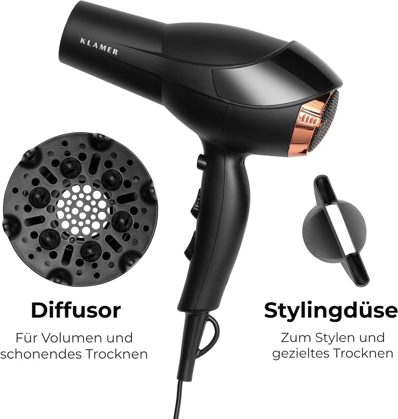 KLAMER Haartrockner 2200W, Ionen Haartrockner, Universal Anti Frizz Haar-föhn, 3 Heiz- & 2 Gebläsest