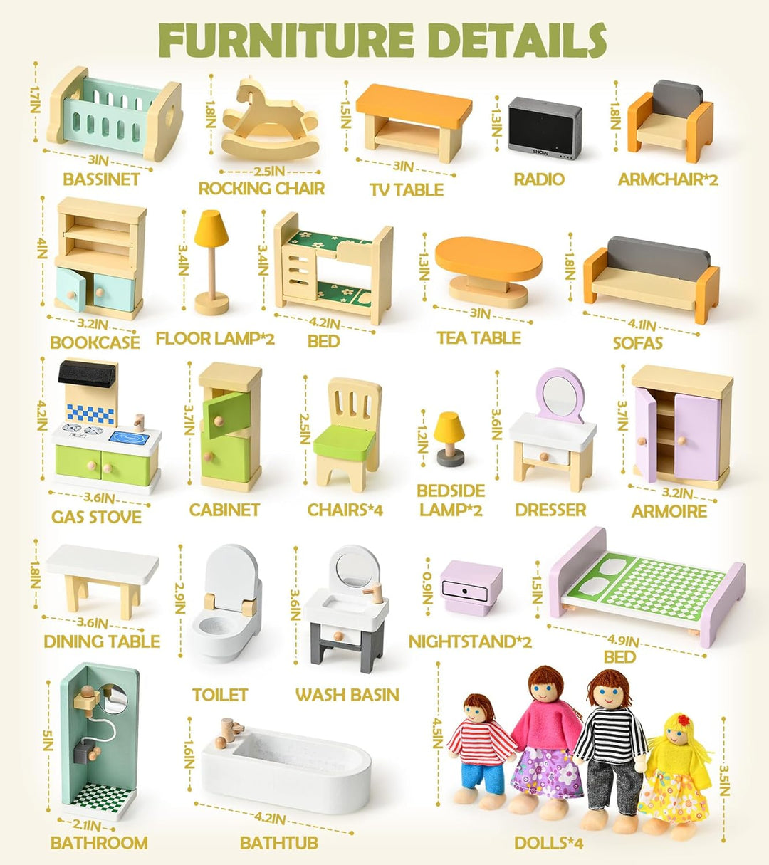 Atoylink Bunt Puppenhaus Möbel Set aus Holz, Puppen Zubehör Spielzeug mit Puppenhaus Puppen, Rollens