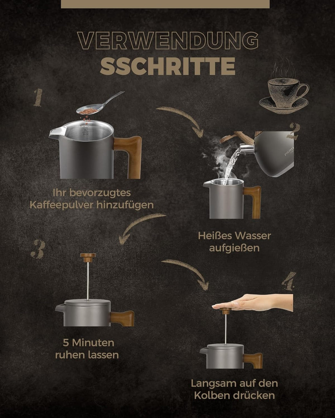 Poliviar French Press Kaffeebereiter 1 Liter/8 Tassen, Doppelwandige Isolierte Kaffeekanne und Teebe