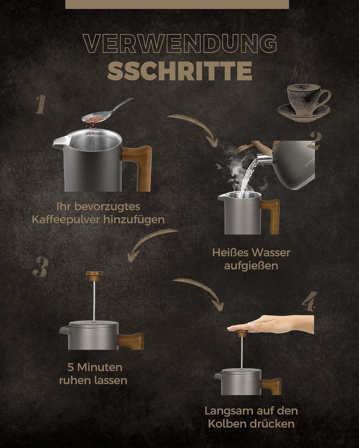 Poliviar French Press Kaffeebereiter 1 Liter/8 Tassen, Doppelwandige Isolierte Kaffeekanne und Teebe