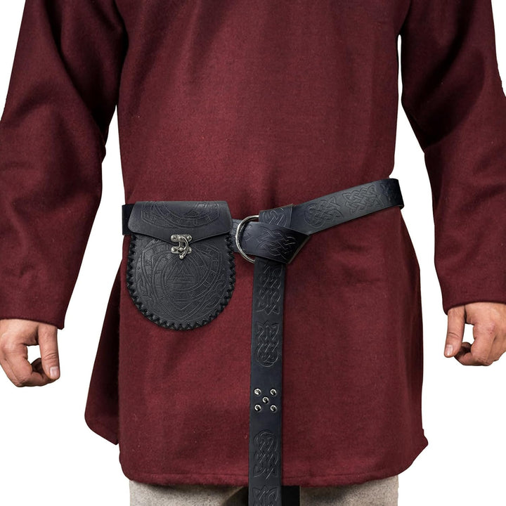 COSFAN Nordische geprägte Gürteltasche, mittelalterliche Kunstledertasche, Schwarze Wikinger-Renaiss