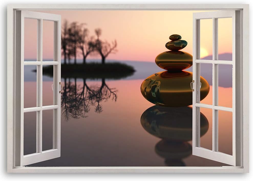 Feeby Wandbild Zen Steine Druckbild Leinwandbild Fenster-Illusion Braun 90x60 cm Leinwandbild 90x60