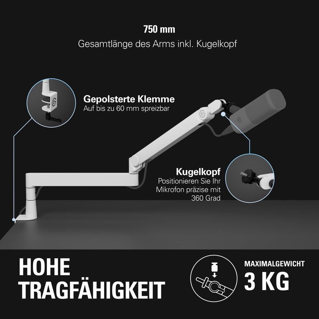 Elgato Wave Mic Arm Pro White – 360° drehbarer Mikrofonarm mit niedrigem Profil und Gasfeder, kompat