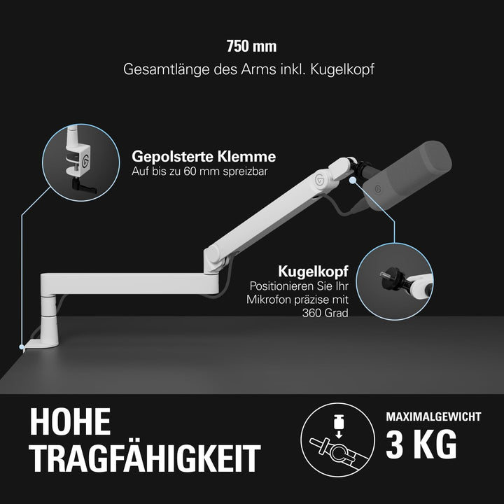 Elgato Wave Mic Arm Pro White – 360° drehbarer Mikrofonarm mit niedrigem Profil und Gasfeder, kompat