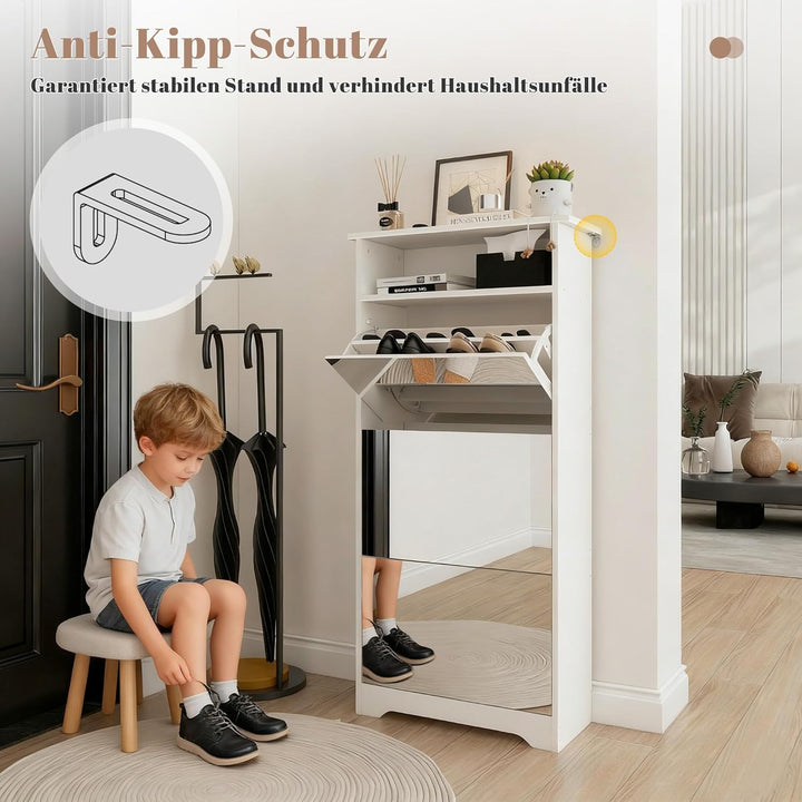 Spiegelschuhschrank mit 3 Klappfächern, Schmales Schuhaufbewahrungs-Schrank mit Spiegeltür, Freisteh