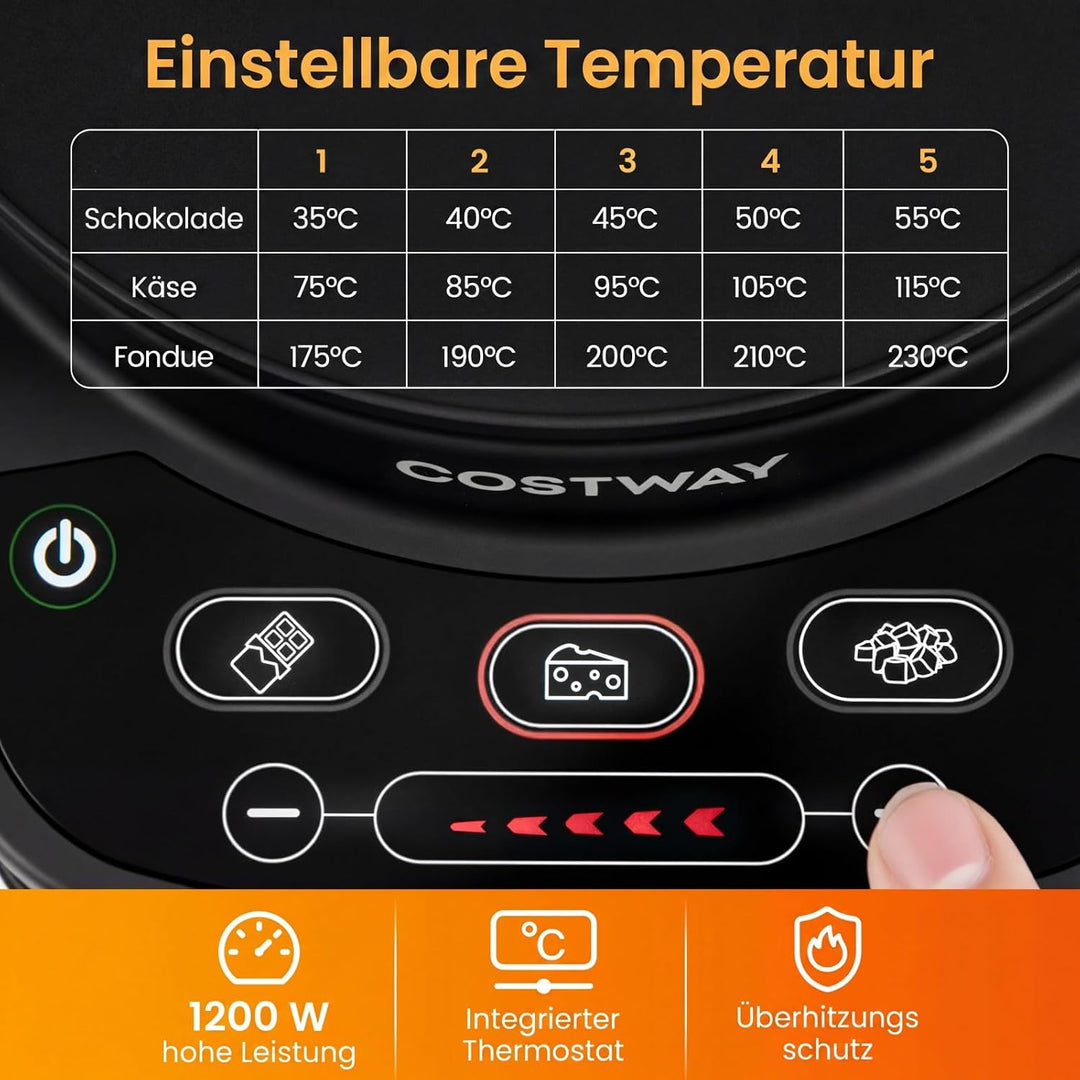 COSTWAY Elektrisches Fondue Set, 1200W Fondueset mit abnehmbarem 3L Edelstahltopf, 6 farblich markie