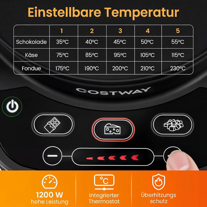 COSTWAY Elektrisches Fondue Set, 1200W Fondueset mit abnehmbarem 3L Edelstahltopf, 6 farblich markie