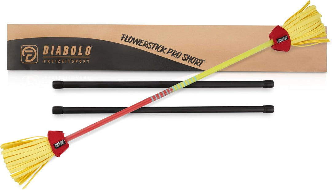 Diabolo Freizeitsport Flowerstick Pro Short (gelb-rot) - kurzer Flowerstick aus Fiberglas inkl. 2 Ha