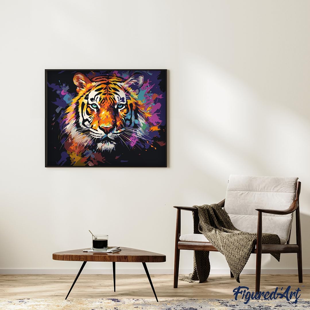 Figured'Art Malen Nach Zahlen Erwachsene Mit Rahmen Tiger Farbenfroh Abstrakt - Paint by Numbers Bas