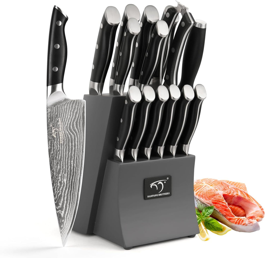 NANFANG BROTHERS 15er Damastmesser Set Damastmesser Set mit Buchenholzmesserblock, Messerblock mit M