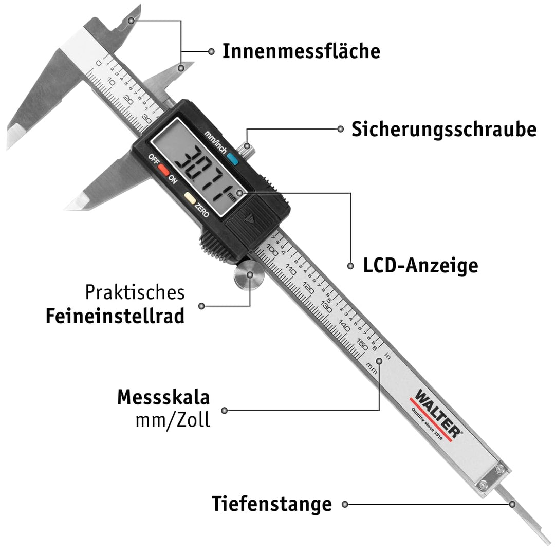 WALTER Digitale Schieblehre, Messschieber, 150 mm mit LCD-Display, Aussen-, Innen- und Tiefmass, in