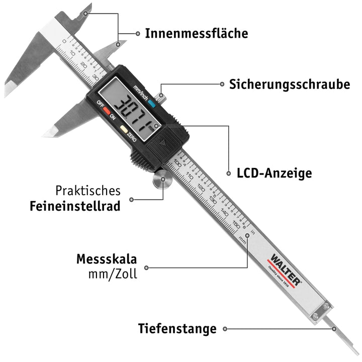 WALTER Digitale Schieblehre, Messschieber, 150 mm mit LCD-Display, Aussen-, Innen- und Tiefmass, in
