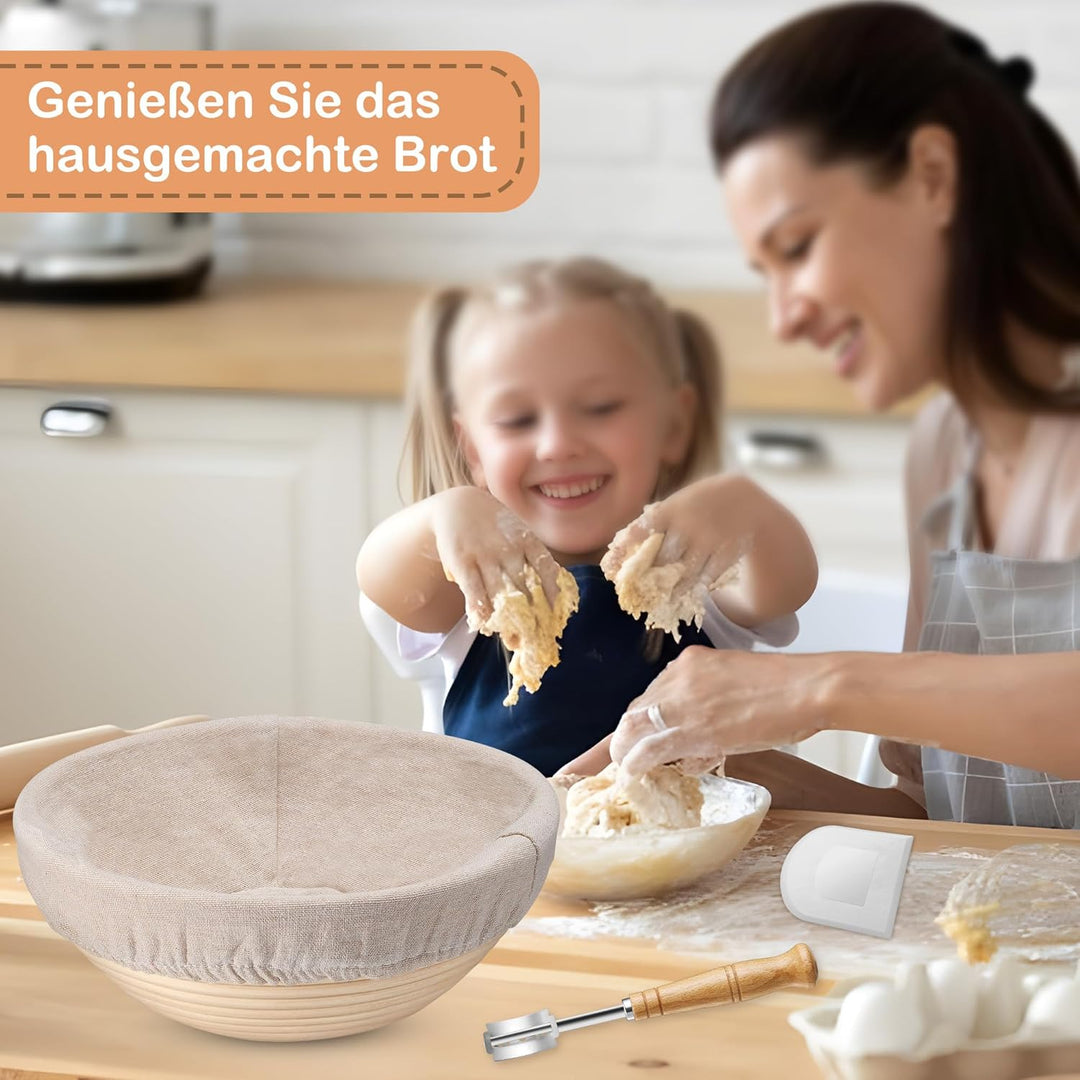 HaWare Gärkörbchen, 23cm Gärkorb Rund Brot Set mit Futter, Bäckermesser, Teigschaber und Backpinsel,