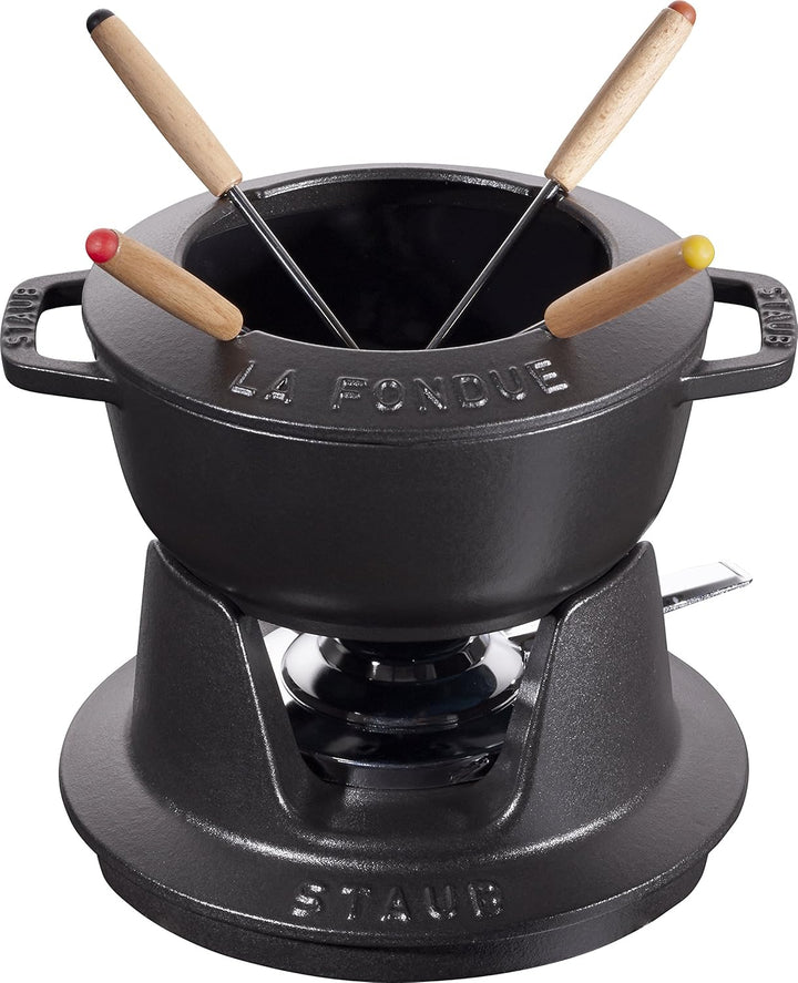 STAUB Fondue Set mit 4 Gabeln, Geeignet für Käse- Schoko- und Fleisch-Fondue, Gusseisen, 16 cm, Schw