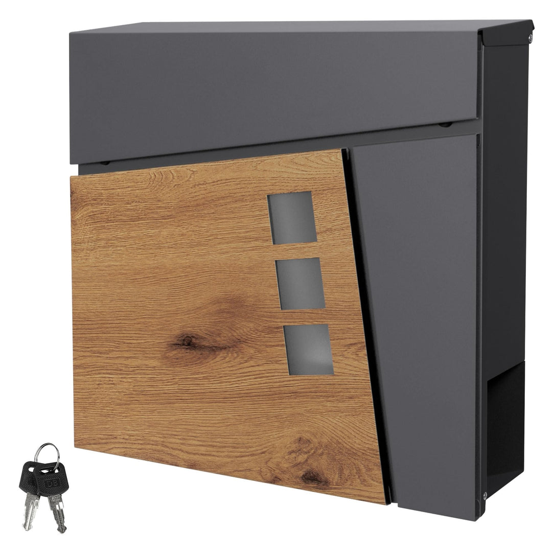 ML-Design Briefkasten 37x36,5x11 cm Anthrazit/Holzoptik aus Stahl, Postkasten mit Zeitungsfach, Absc