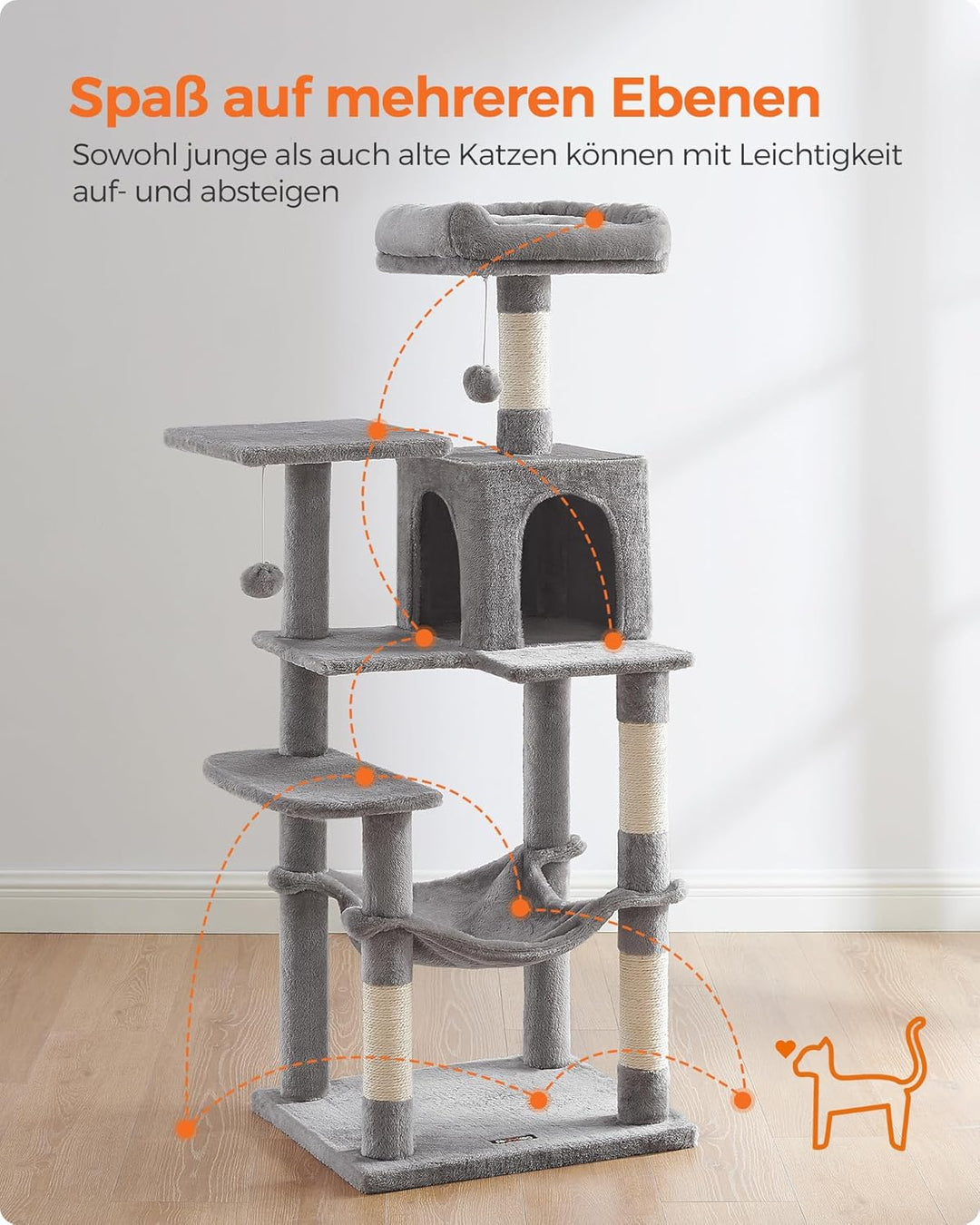 Feandrea Kratzbaum, 143 cm hoch, Katzenbaum, mehrstöckige Katzenhaus, mit 4 Kratzsäulen, 2 Plattform