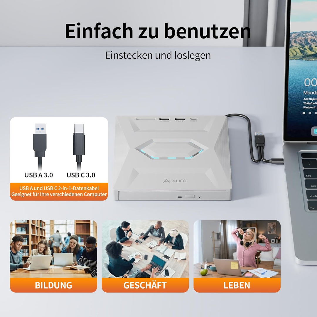 Alxum Externes DVD Laufwerk - USB 3.0 Type C CD Laufwerk extern USB mit SD/TF Kartenleser und USB An