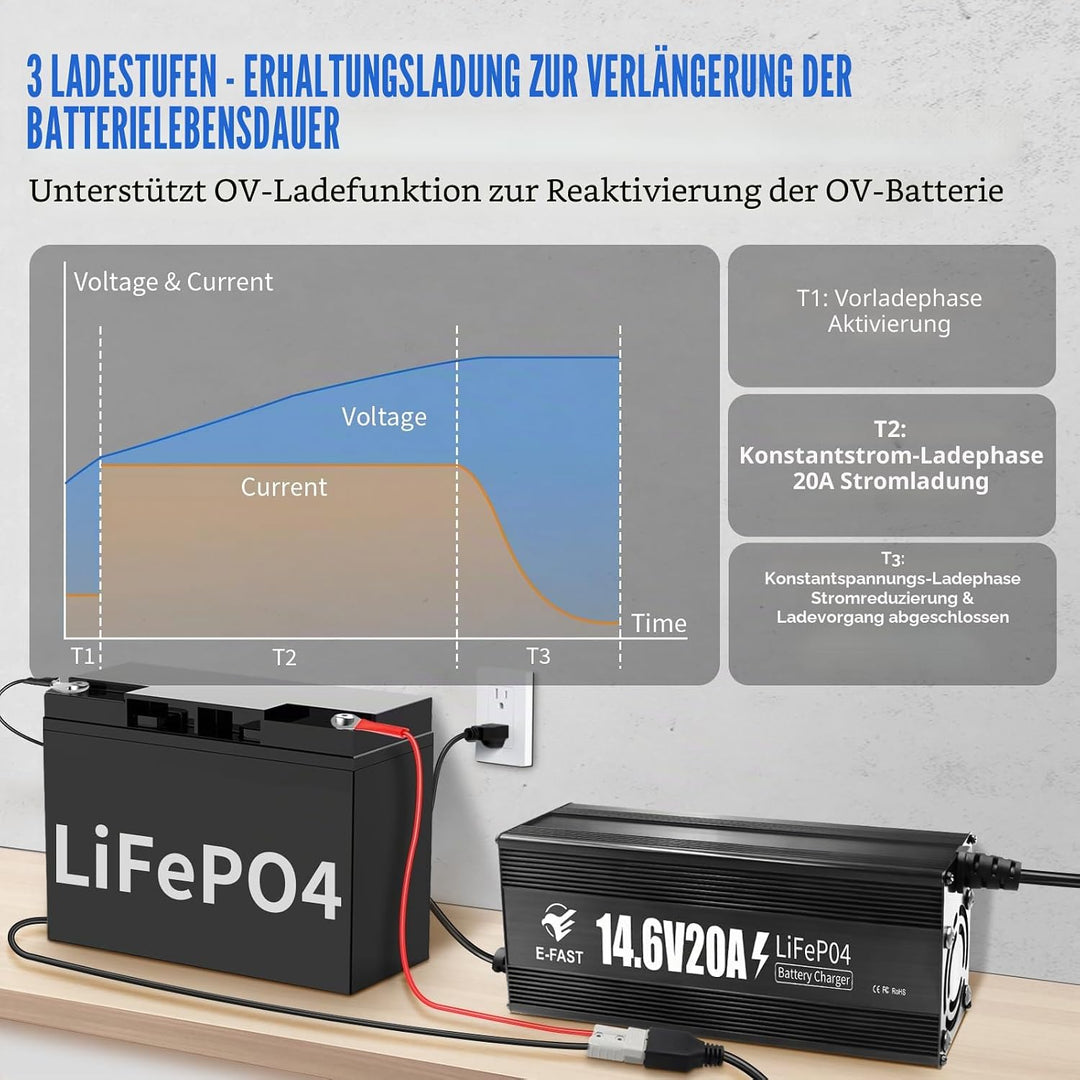 LiFePO4 Batterieladegerät 14,6V 20A Ladegerät 12V für Lithium Batterie Schnelles Aufladen für Wieder