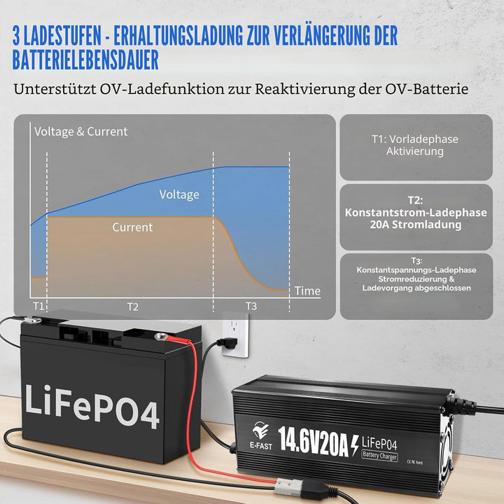 LiFePO4 Batterieladegerät 14,6V 20A Ladegerät 12V für Lithium Batterie Schnelles Aufladen für Wieder