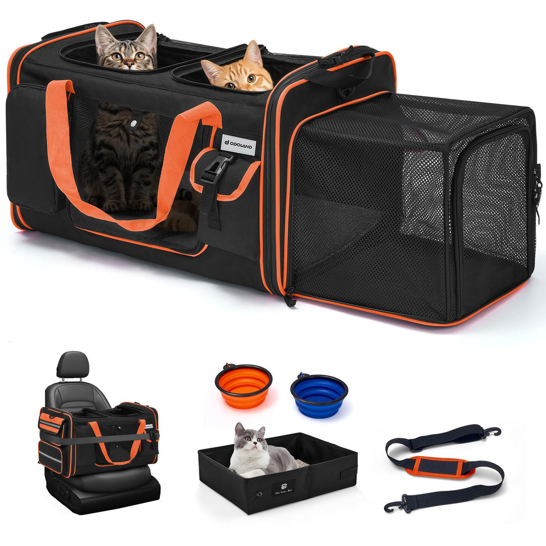 Odoland Katzentransportbox für 2 grosse Katzen 60×38×35cm - Faltbar Erweiterbarer Transporttasche Ka