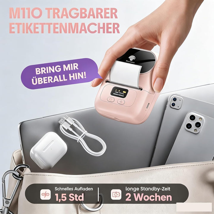 Phomemo M110 Bluetooth Etikettendrucker, Tragbarer Etikettiergerät Labeldrucker mit 3 Etikettenrolle