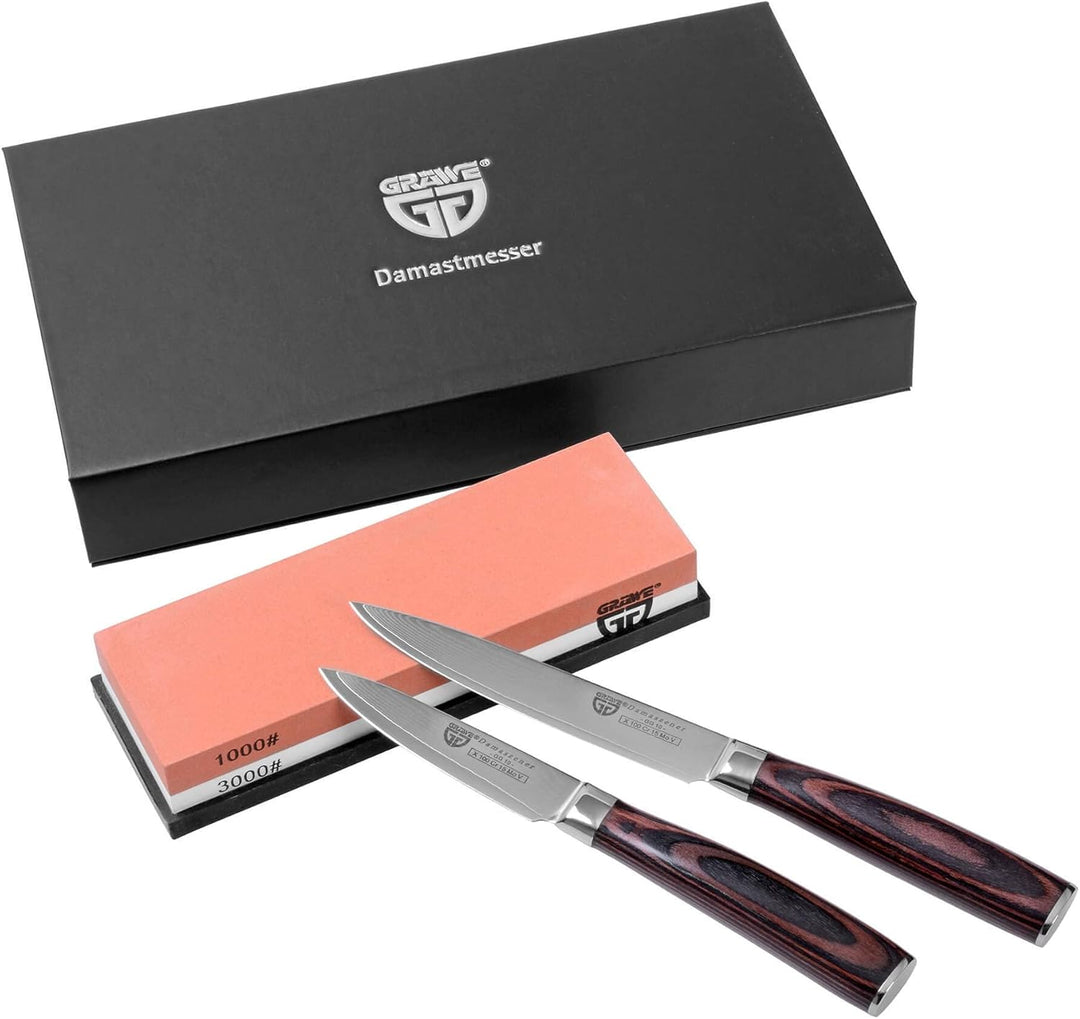GRÄWE Damastmesser-Set 3-teilig - Allzweckmesser, Schälmesser, Wetzstein 1000/3000