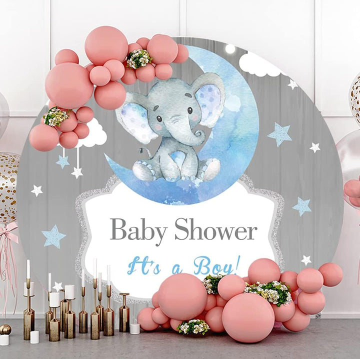 Renaiss 1.8x1.8m Elefant Baby Dusche Runde Kulisse für Jungen Blau Mond Sterne Polyester Stoff Fotog