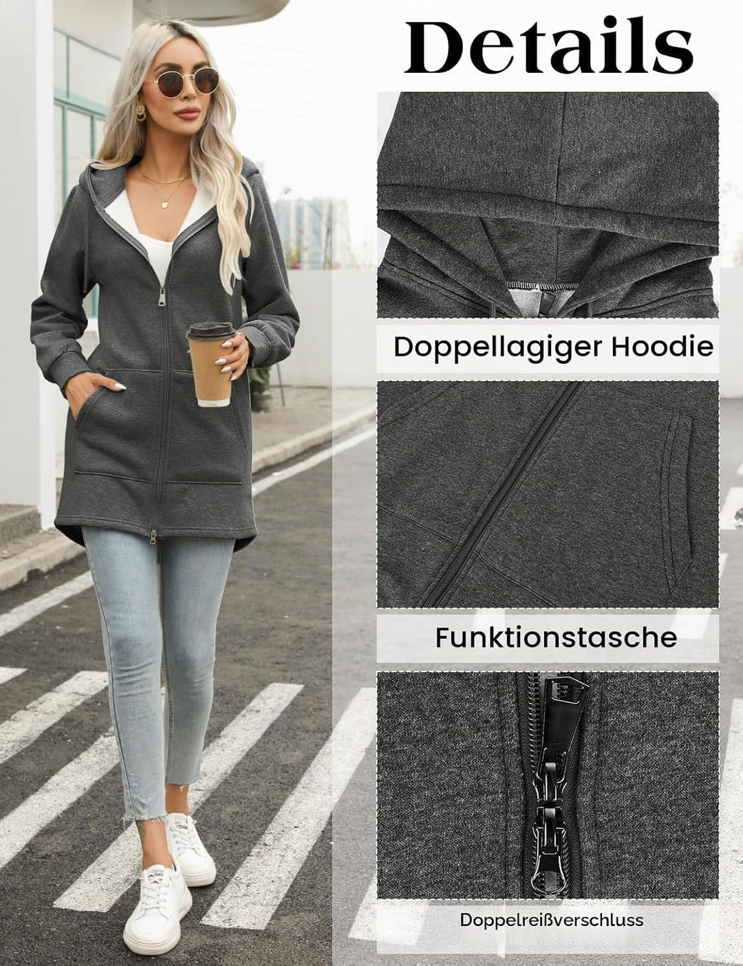 Tuopuda Damen Hoodie Jacke Oversize Reissverschluss Winterjacke Langarm Mantel Winter Warm Cardigan