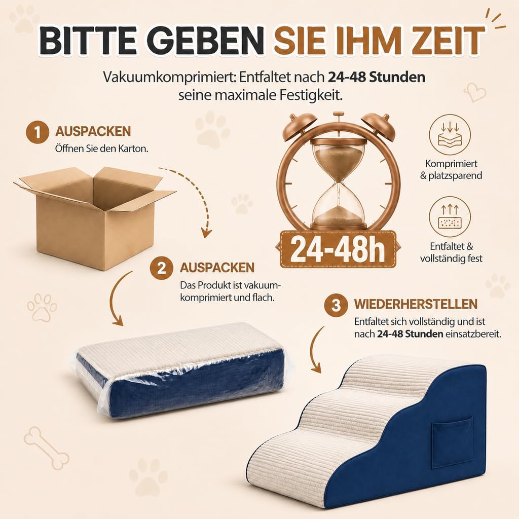 BEST JAJA Hundetreppe 3 Stufen mit Kanteneinfassung – formstabil und rutschfest, 40 cm hoch für Bett