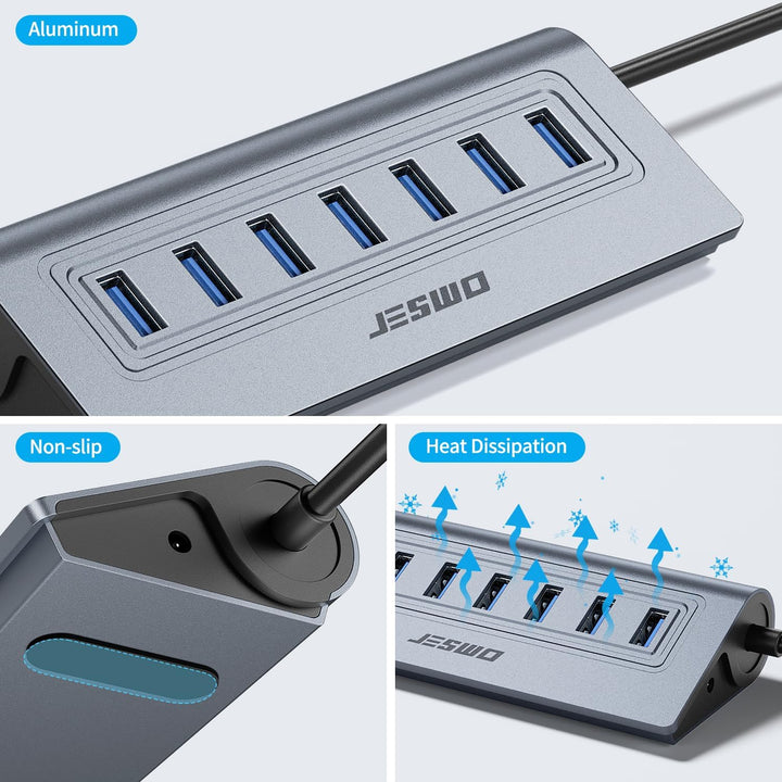 JESWO USB HUB mit Netzteil, Aluminium USB 3.0 Hub Aktiv mit 7-Port USB Verteiler 3.0 mit 5V/4A Netzt