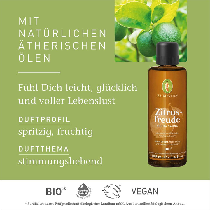 PRIMAVERA Zitrusfreude Aroma Sauna bio 100 ml – Saunaöl, Aromatherapie - spritzig-fruchtiger Duft –