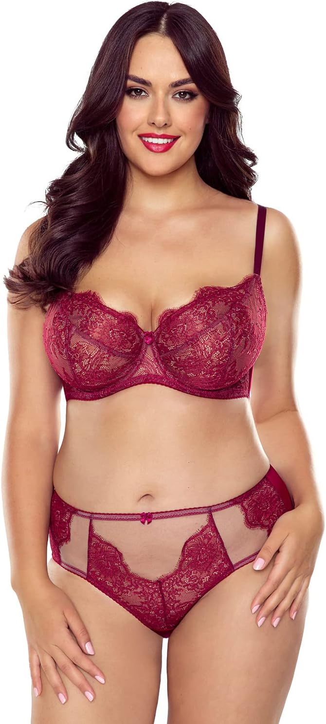 VIVISENCE Dame Soft-BH Spitze Klassisch Geblümt Sinnlich Nicht Gepolsterte Cups 1059 90F Weinrot, 90