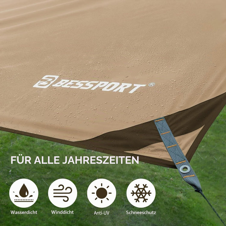 Bessport Tarp, Zeltplane Wasserdicht, 3x4.6m Mit Stützstange, Erdnägeln und Nylonschnur, Ultraleicht