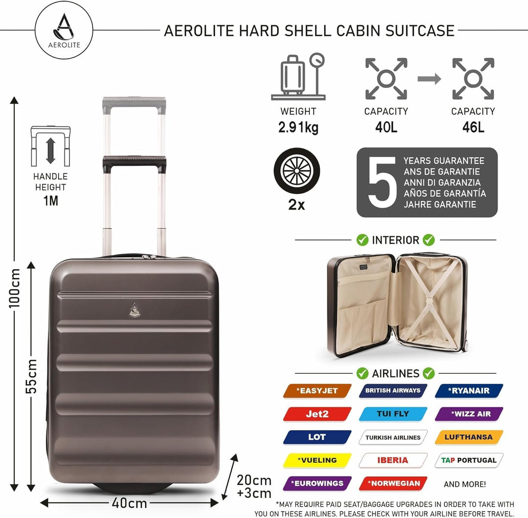 Aerolite Ryanair Reisekoffer mit 2 Rädern, maximale Zulassung, 40 l, Hartschale, 55 x 40 x 20 cm, au
