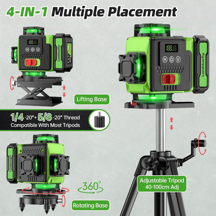 Lambluefly Kreuzlinienlaser mit Stativ, Laser Wasserwaage mit 2x5000mAh Batterien & LED-Anzeige, 4x3