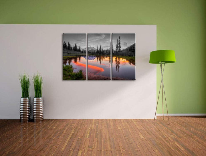 Sonnenaufgang an kleinem Bergsee schwarz/weiss 3-Teiler Leinwandbild 120x80 Bild auf Leinwand, XXL r