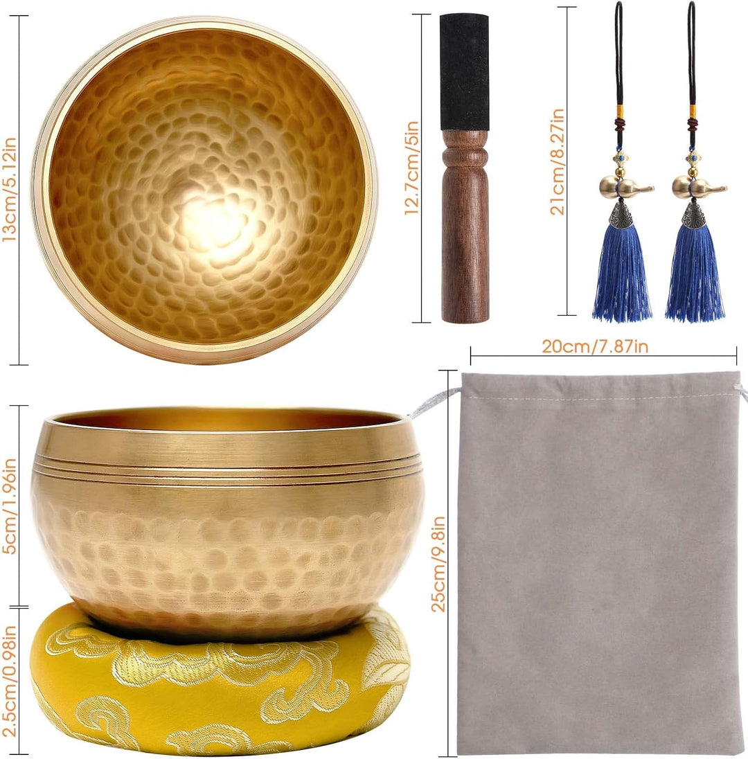 Tibetisches Klangschalen Set,Ø 13cm Meditationsklangschale, Hand gehämmert Messing Klangschale Set m