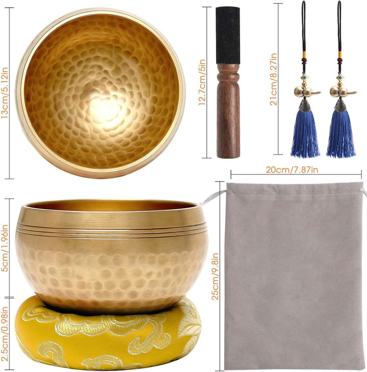 Tibetisches Klangschalen Set,Ø 13cm Meditationsklangschale, Hand gehämmert Messing Klangschale Set m